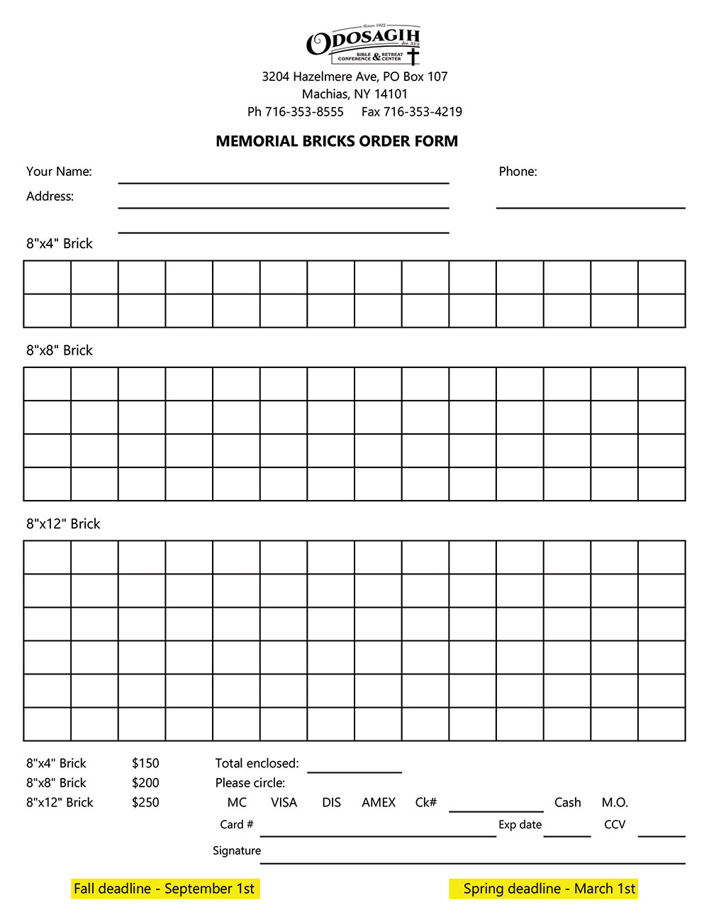 2024 Memorial Bricks Order Form